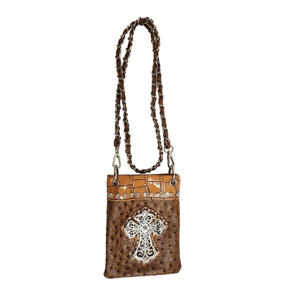 Western Style Tan & Brown Leather Crossbody Bag Purse With Rhinestones & Chain S - Picture 1 of 7
